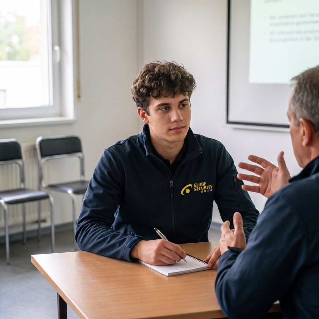 Medewerker van Globe Security volgt een beveiligingstraining en maakt aantekeningen tijdens een persoonlijk gesprek.